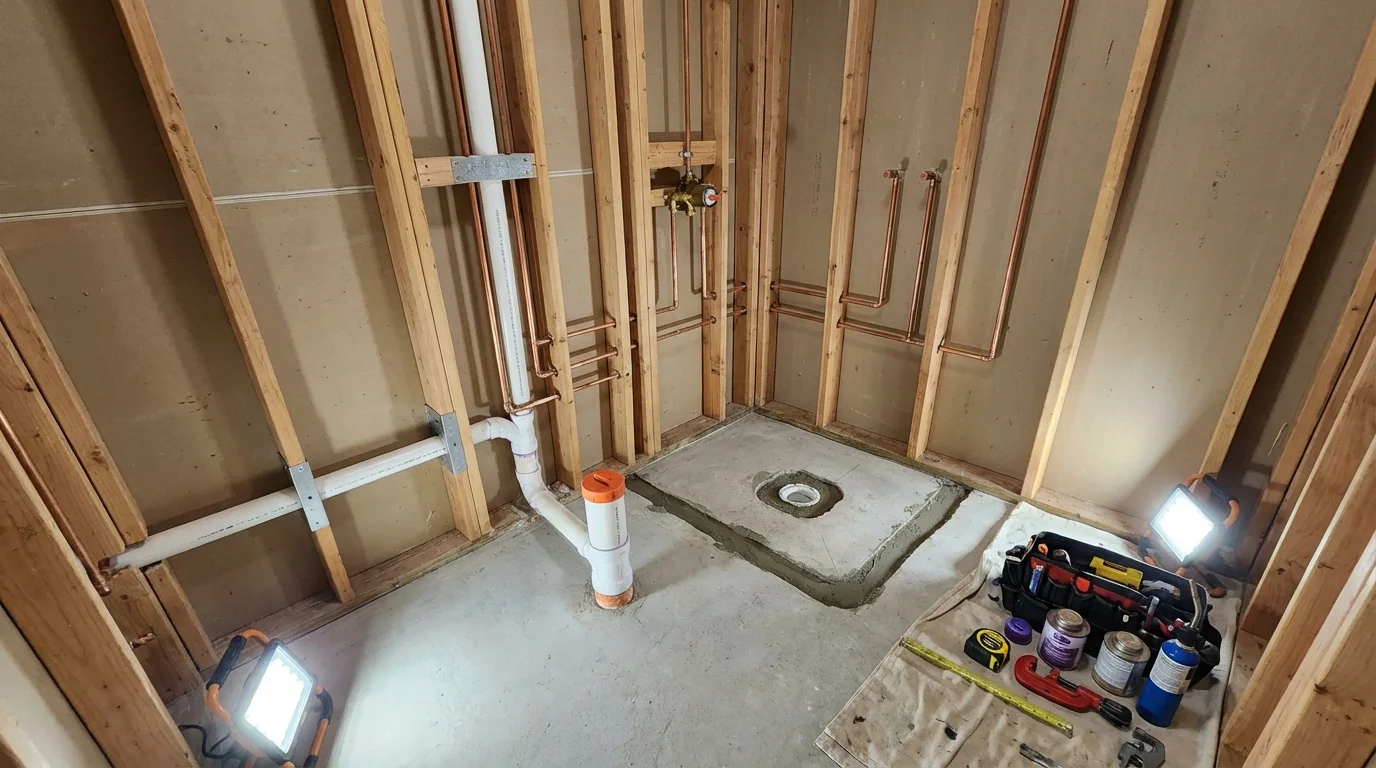 Bathroom rough-in plumbing during remodel by Johns Plumbing LLC in Irvington