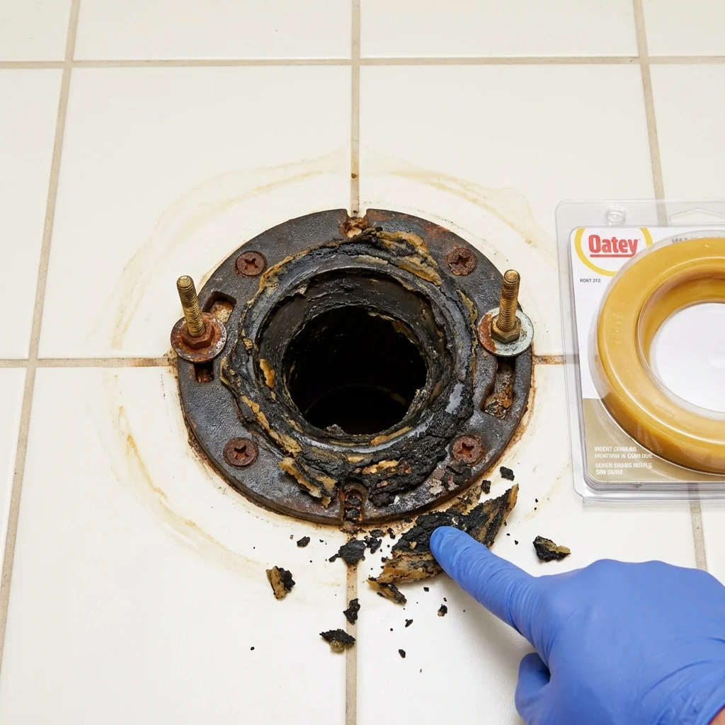 Failed wax ring showing water seepage at the base of a toilet in a Irvington, KY home