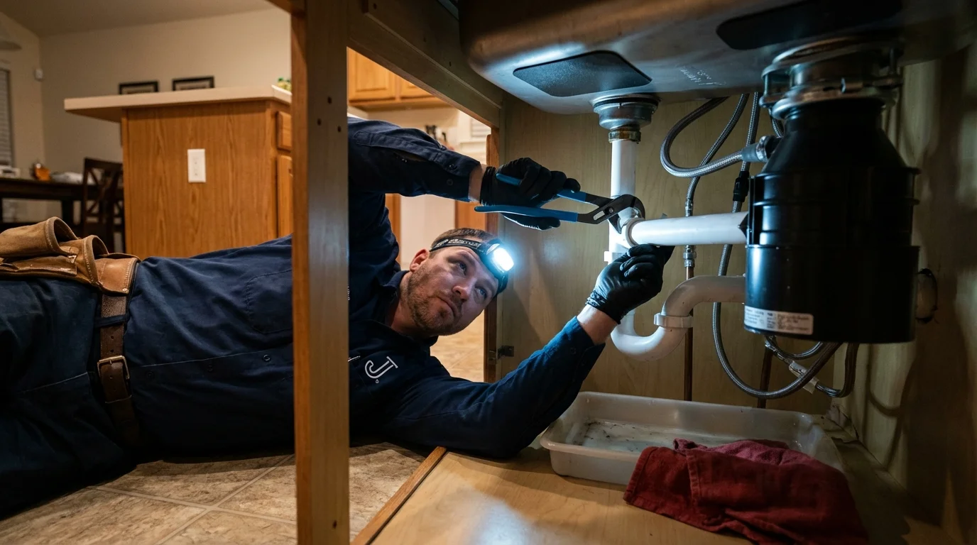 P-trap and supply line connections under a kitchen sink showing a common leak point in Irvington, KY